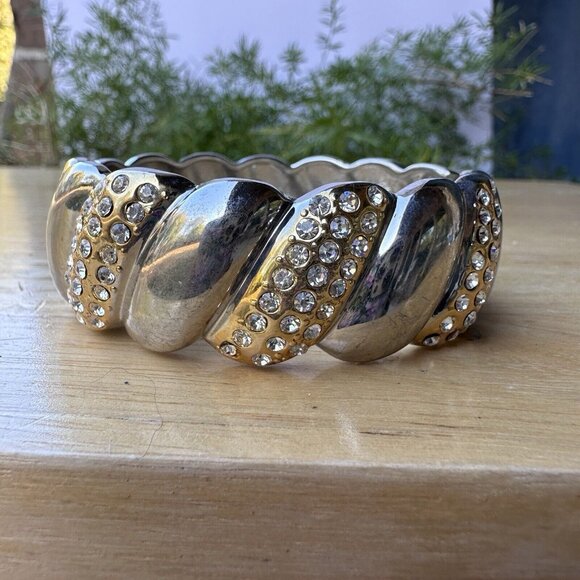 VTG Bangle Bracelet Rhinestone Hinge Gold Silver Tone Statement Classy Size 6 - Picture 3 of 10